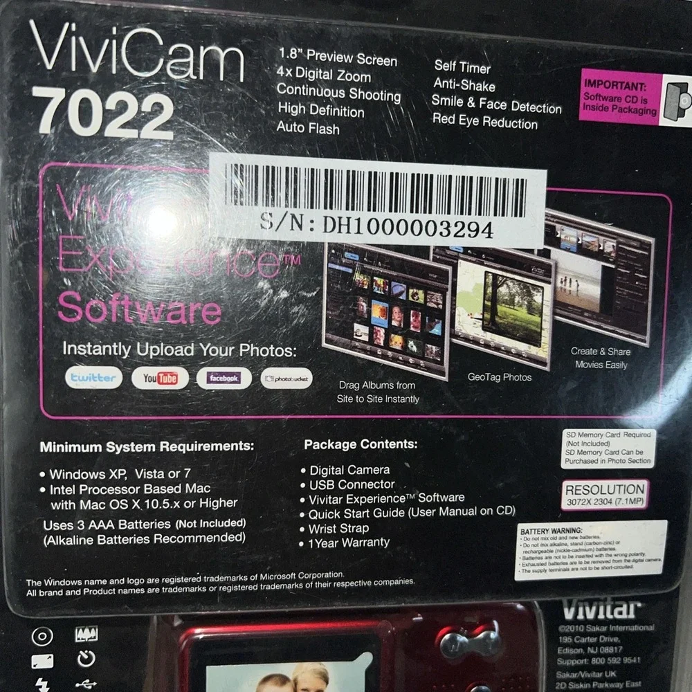 Vivitar ViviCam 7122 7.1MP Digital Camera - Red Sealed W/ Software, Cable & More